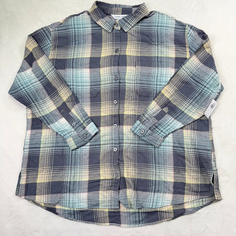 Old Navy The Boyfriend Shirt Blue Yellow Plaid Flannel Button Down XL 765728-02